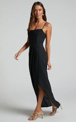 Andrina Midi Dress - High Low Wrap Corset Dress in Black